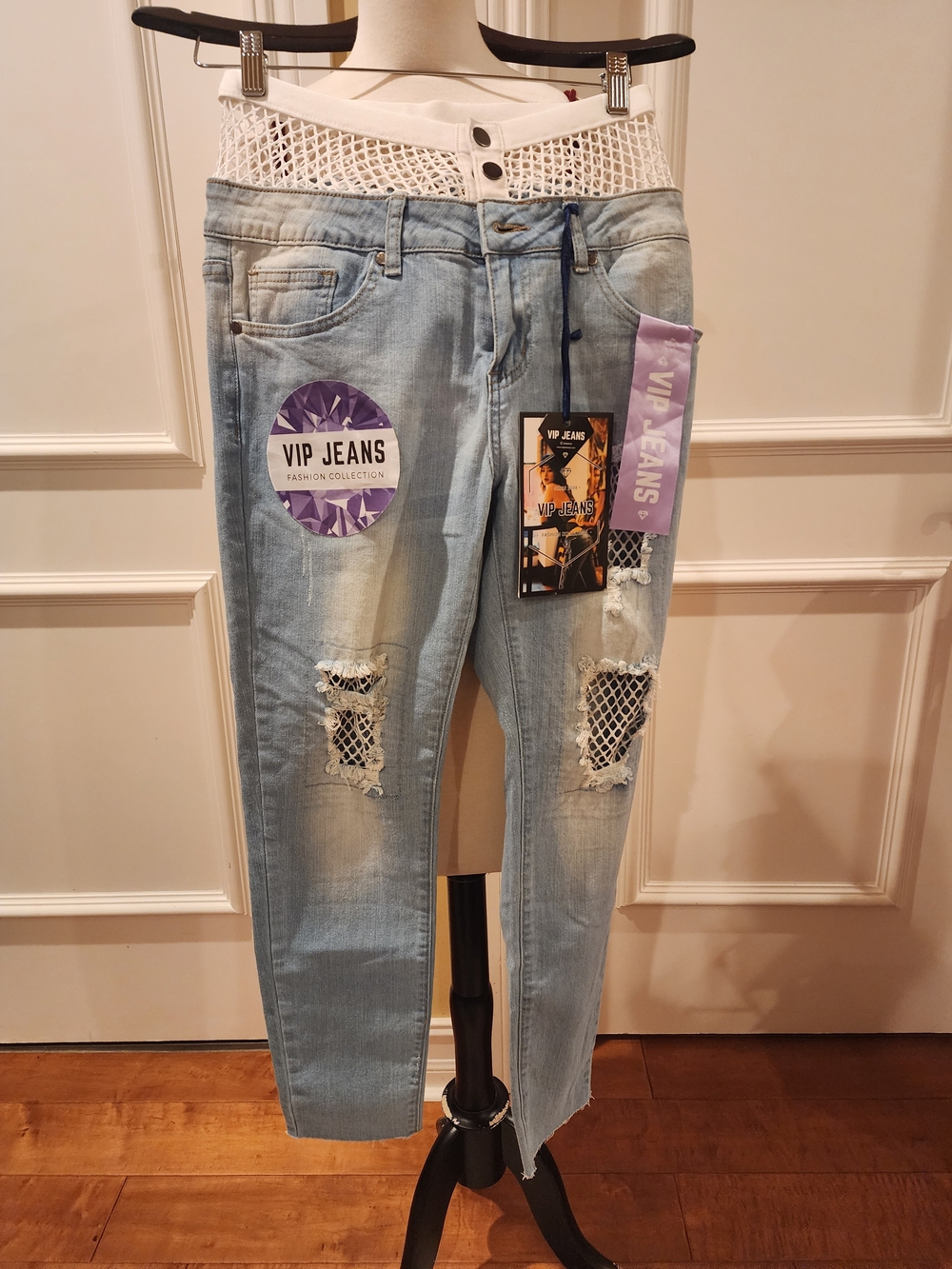 VIP Light Blue Distressed Jeans with Purple Logo Patch